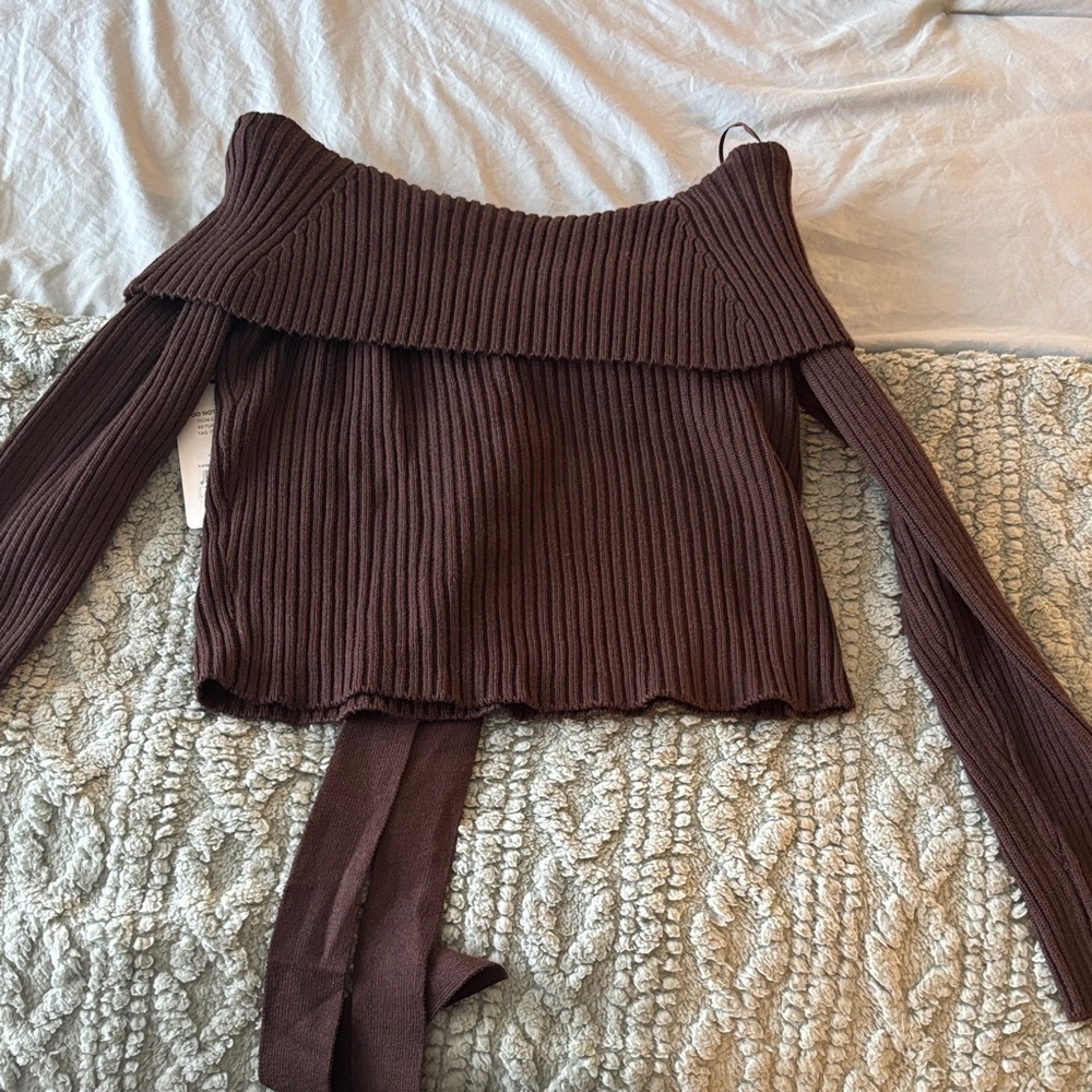 American Threads Chocolate Off-Shoulder Sweater